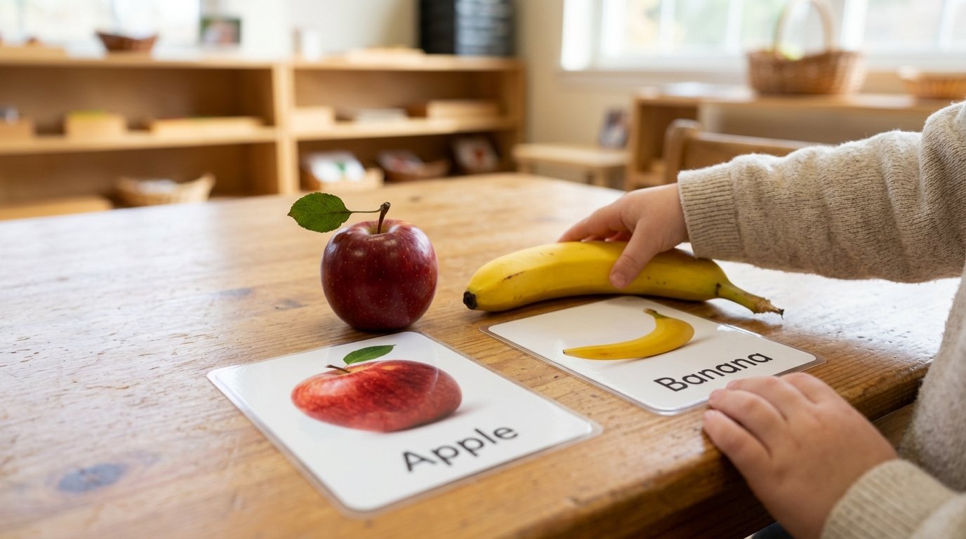 Real fruit matched to picture cards for vocabulary work
