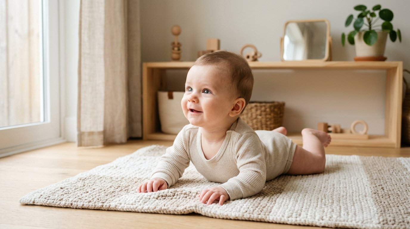 Baby doing supervised tummy time on a floor mat