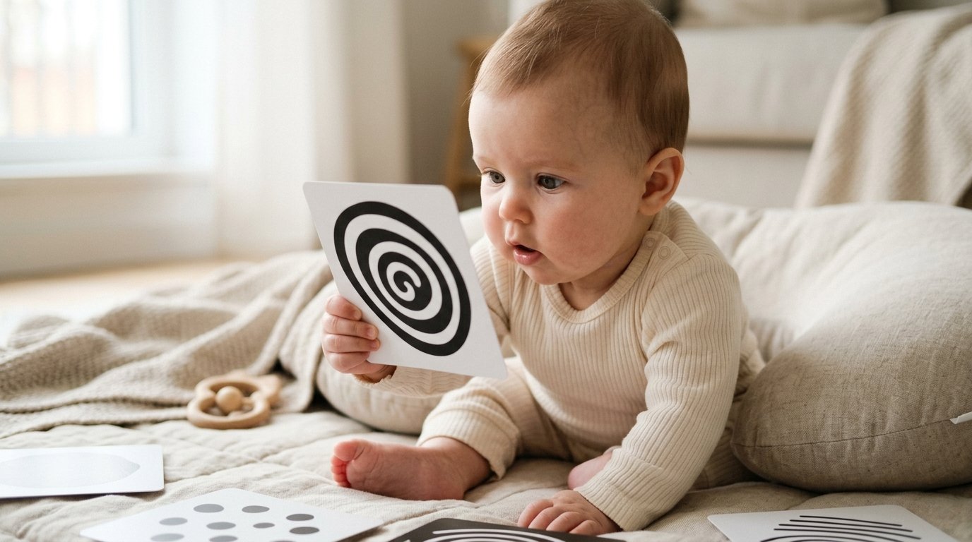 Baby looking at high contrast black and white visual cards