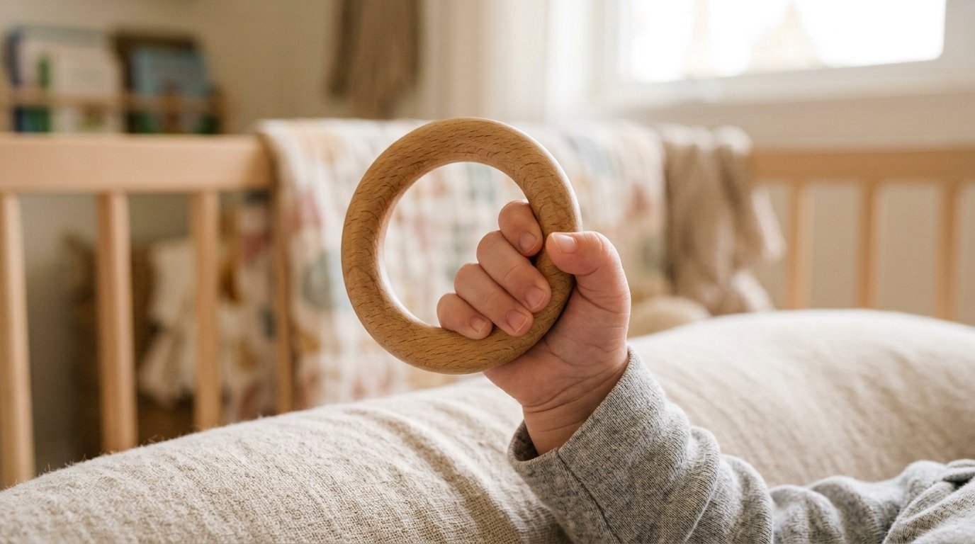 Baby's hand grasping a lightweight wooden ring