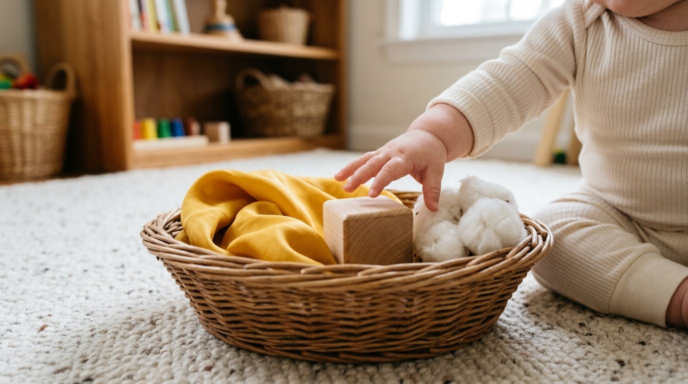 Baby reaching into a shallow treasure basket of household objects