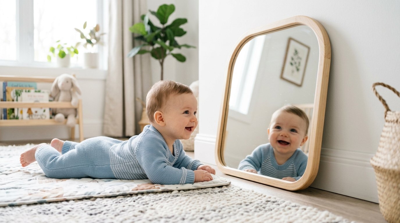 Seated baby smiling at their reflection in a low mirror