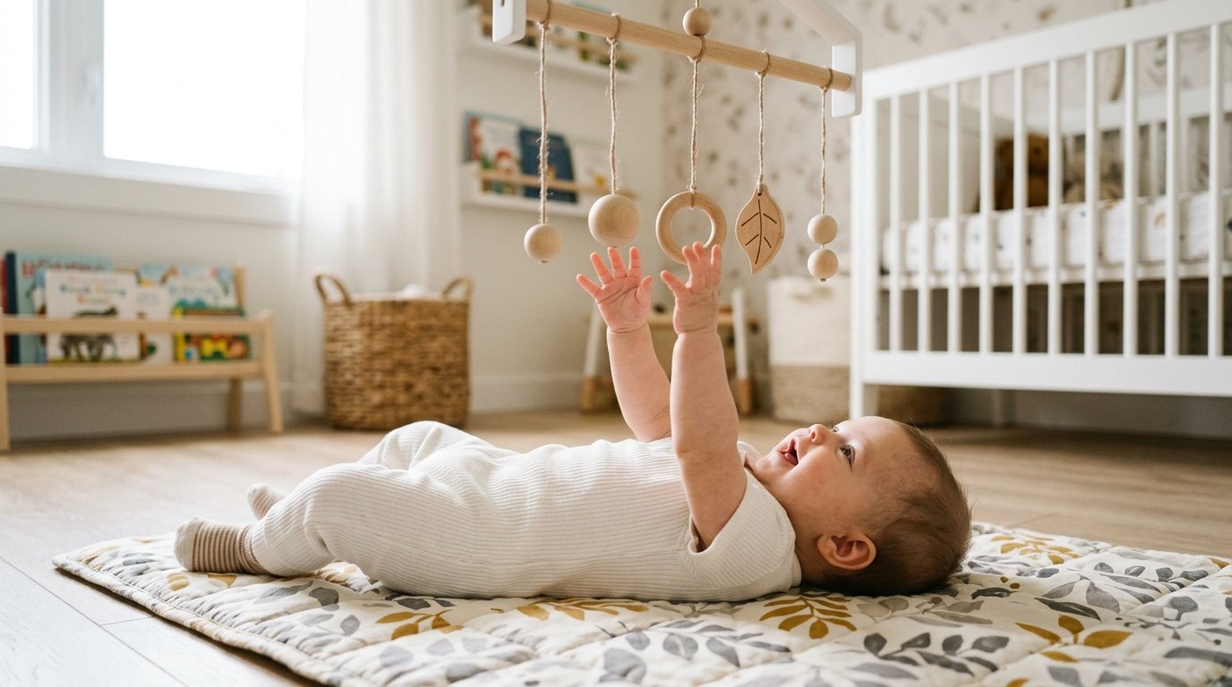 Baby reaching for a tactile Montessori mobile hung within reach