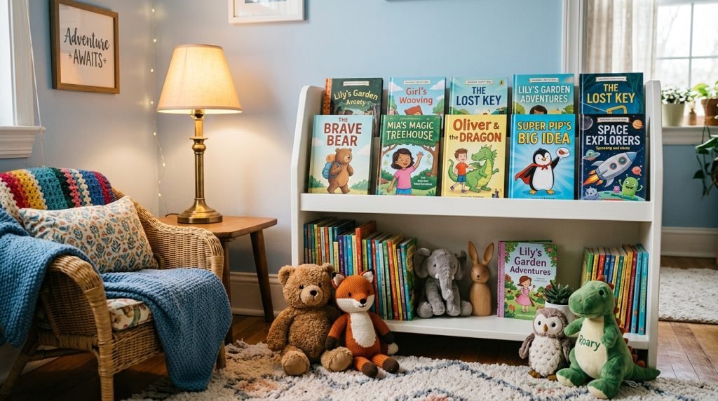 Beginner chapter books arranged on a bookshelf by reading level