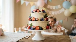 Two-tier healthy toddler birthday cake decorated with fresh fruit.