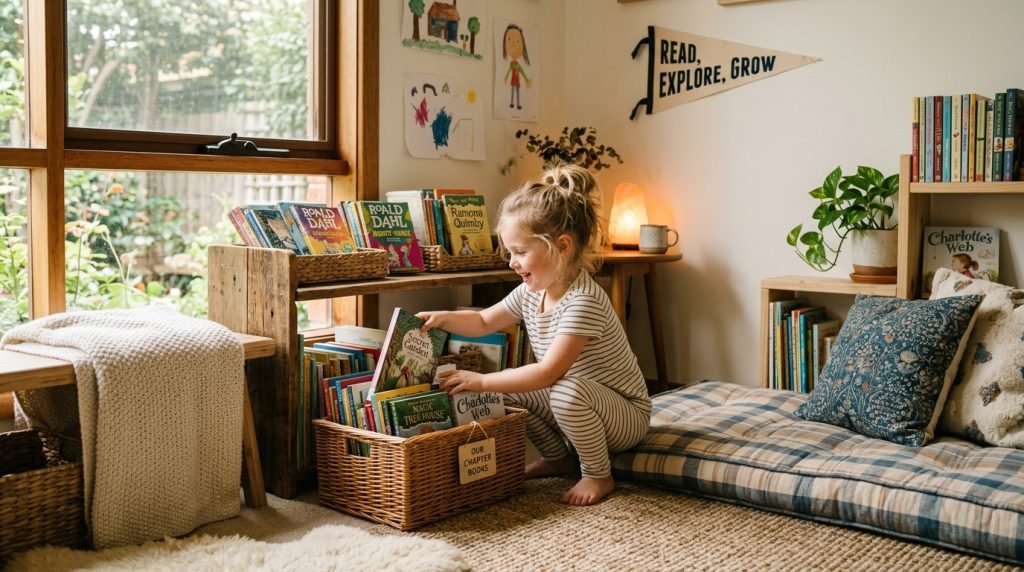 Child choosing a chapter book from a basket in a reading corner
