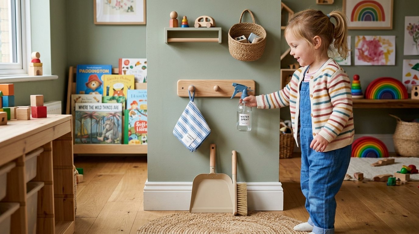 Child-height cleaning station with cloth and dustpan on pegs