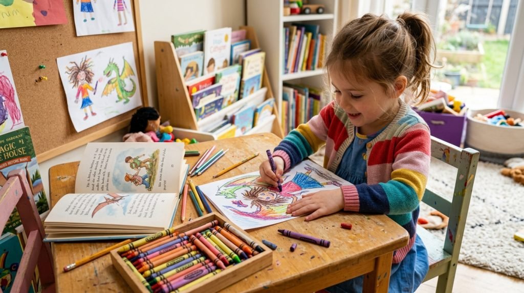 Child drawing a favourite chapter book character at a table