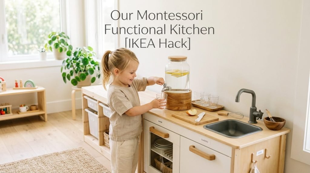 Montessori kitchen setup with a child working at a low functional station