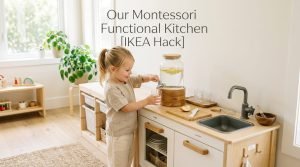 Montessori kitchen setup with a child working at a low functional station