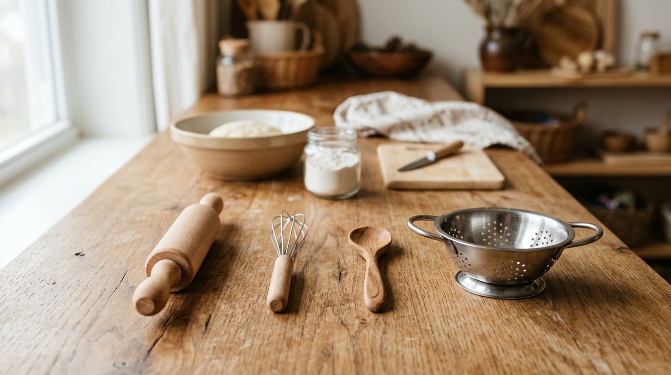 Real child-sized Montessori kitchen tools including a blunt knife and small jug