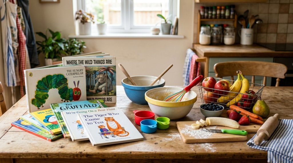 Children's books laid out with child-safe cooking tools