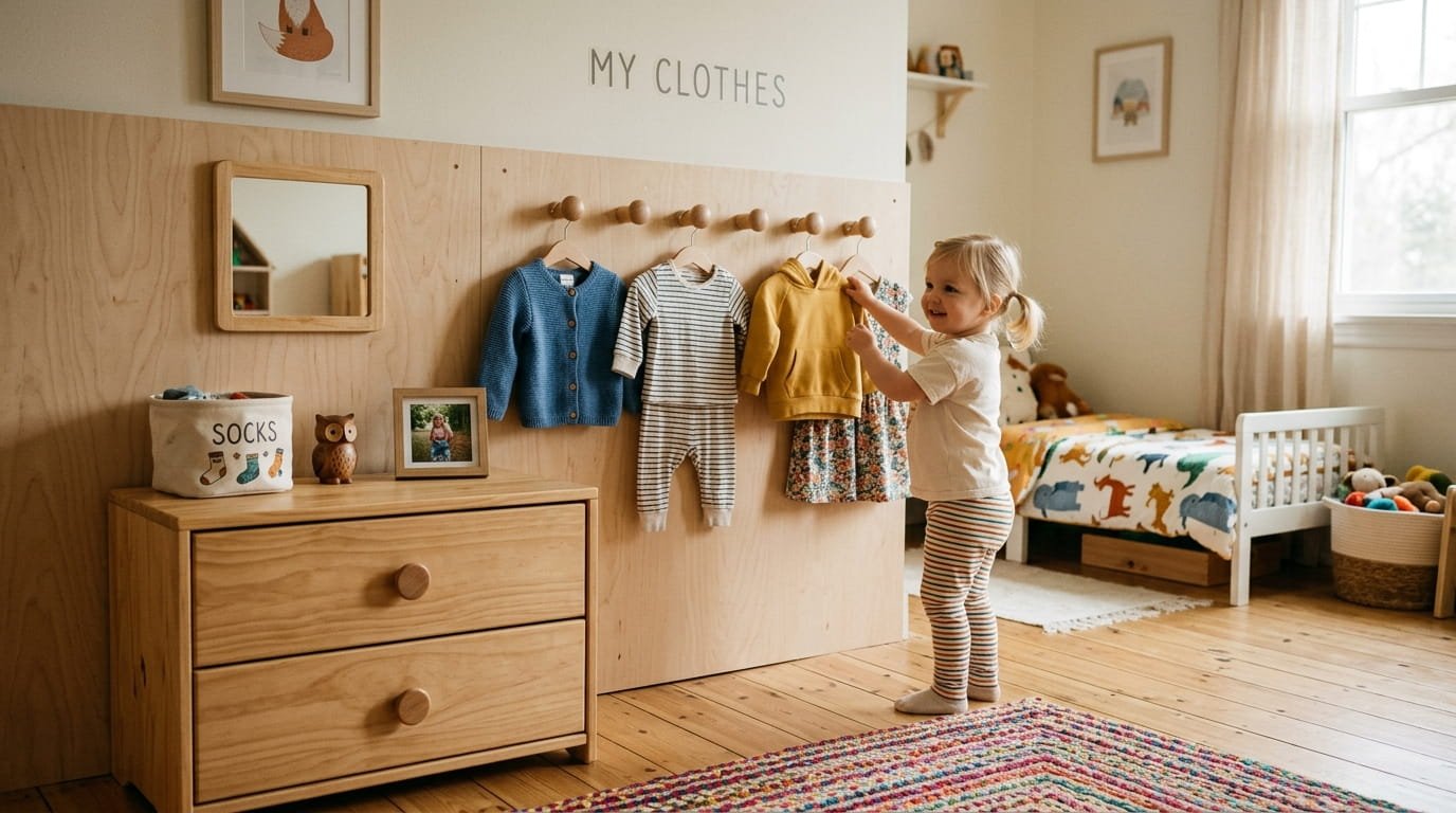 Child height wardrobe area with accessible drawers and hanging rail
