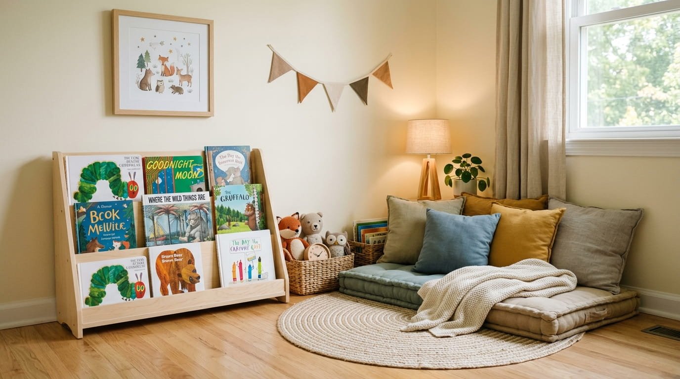 Reading corner with a cushion and forward facing books in a playroom