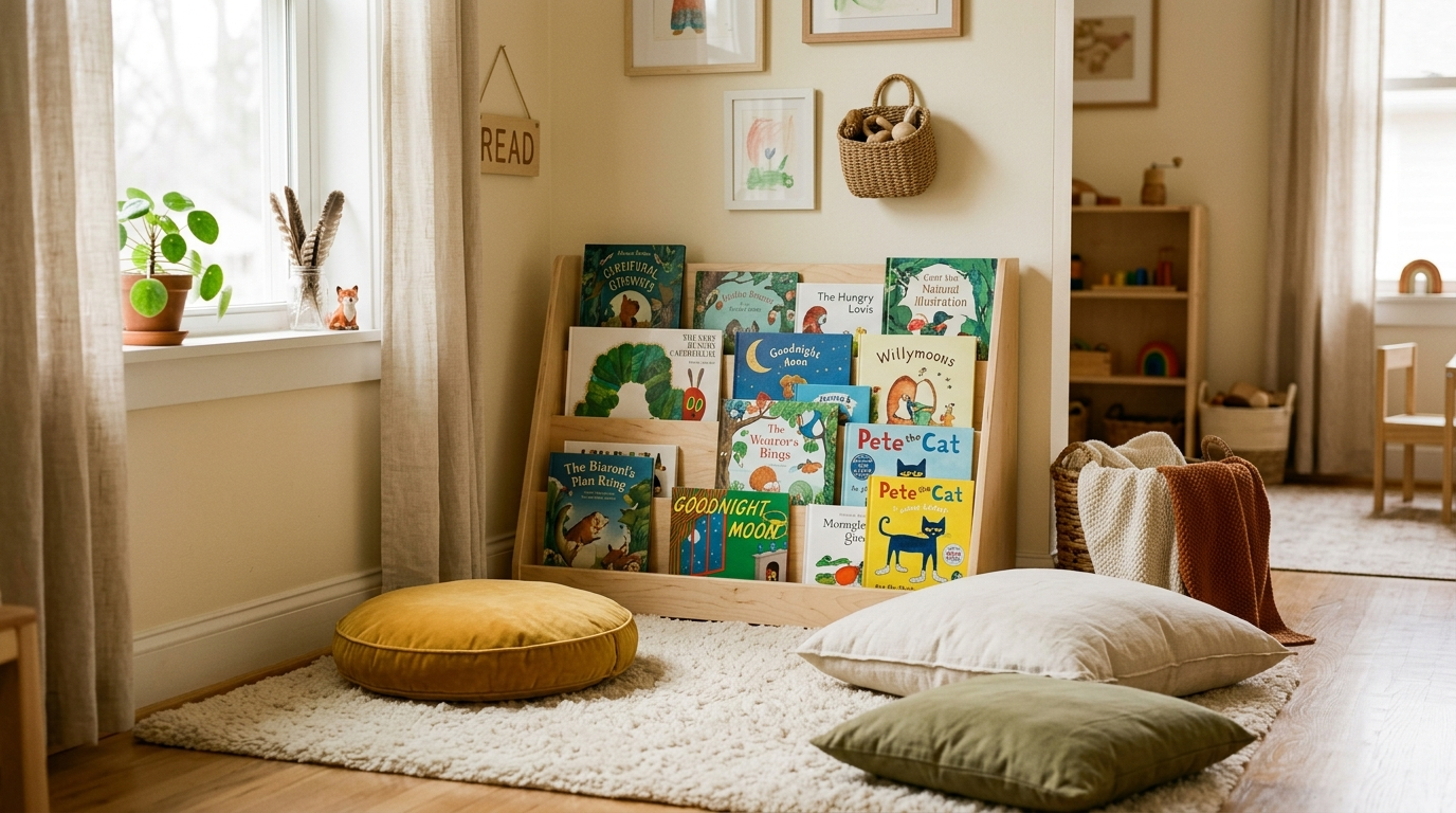Reading corner with a forward facing bookshelf at toddler height