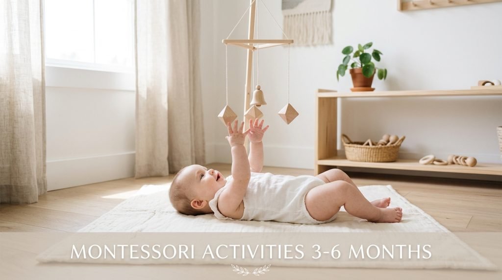 Infant reaching for a wooden Montessori mobile during floor time