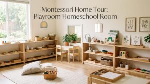 Montessori playroom with a low open shelf and clear floor space