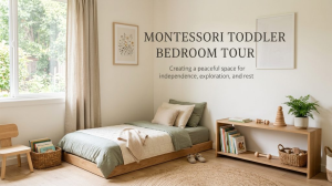 Montessori toddler room with a low floor bed and open shelves