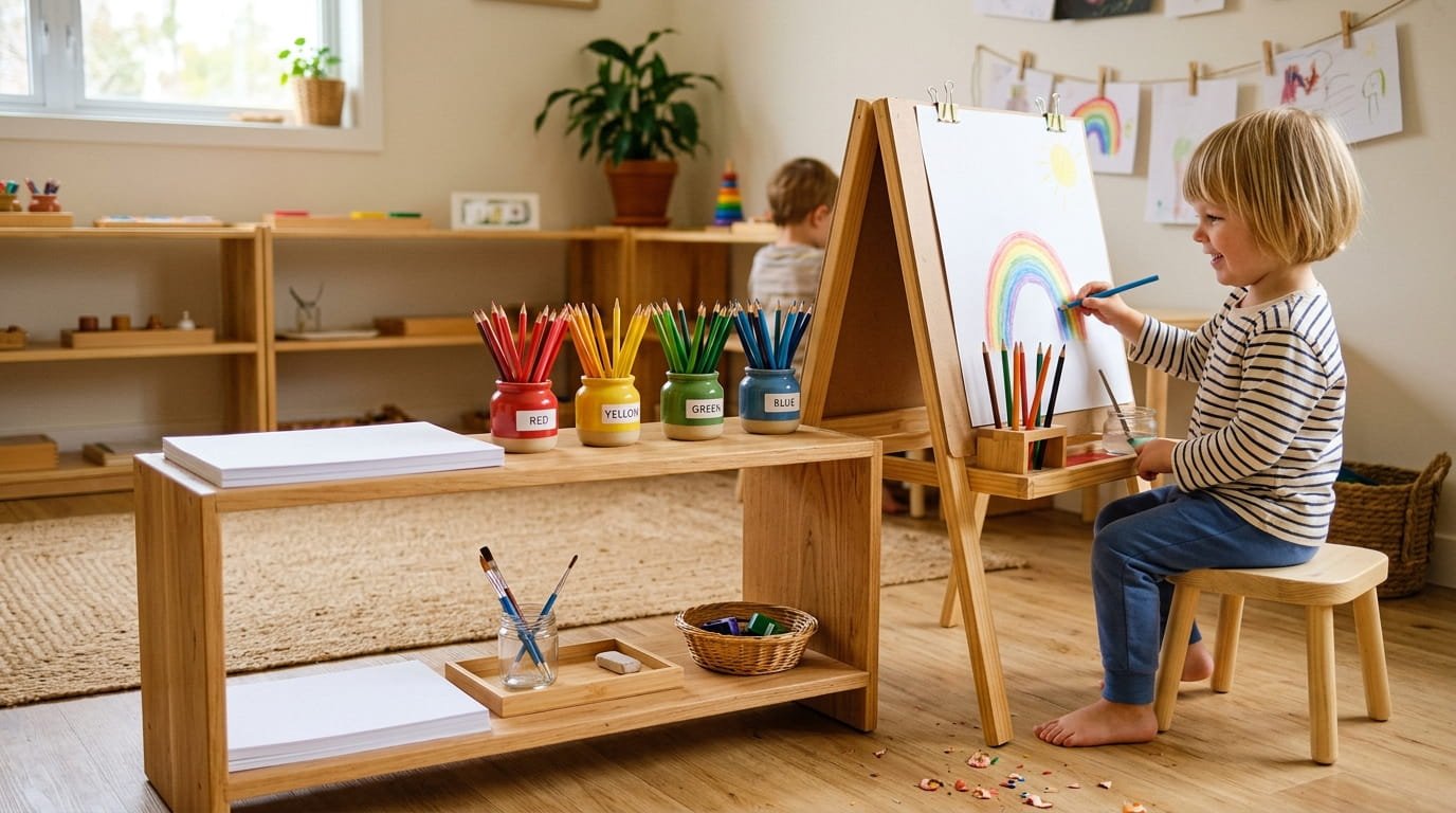 Organised Montessori art station with materials on a low shelf