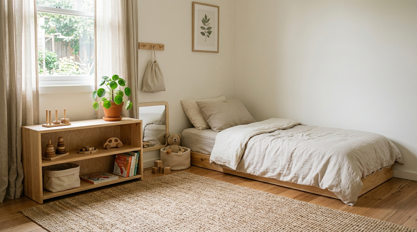 Montessori bedroom with simple natural decor and a clear safe floor