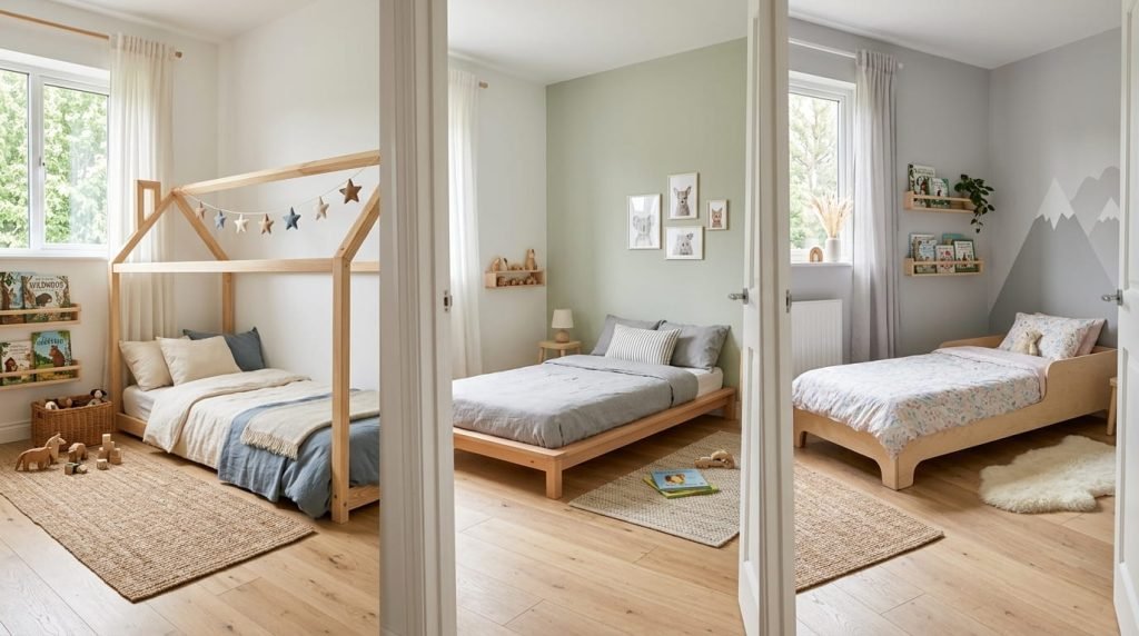 Different Montessori floor bed styles including house frame and low platform