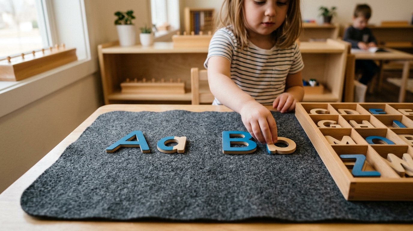 Uppercase and lowercase letter matching activity, which Montessori introduces late