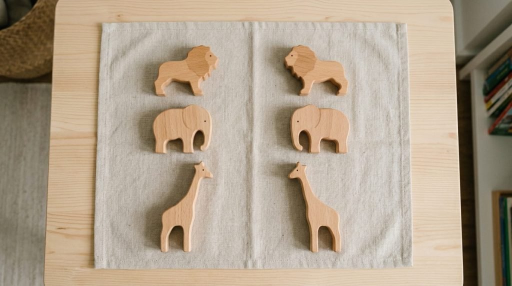Montessori language activity tray with wooden objects and picture cards