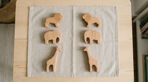 Montessori language activity tray with wooden objects and picture cards