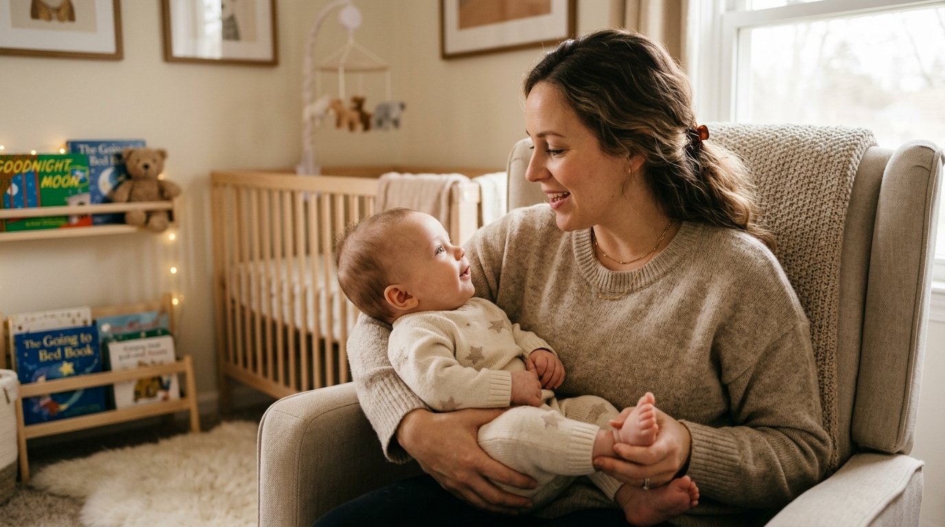 Parent singing to their baby with eye contact during a care routine