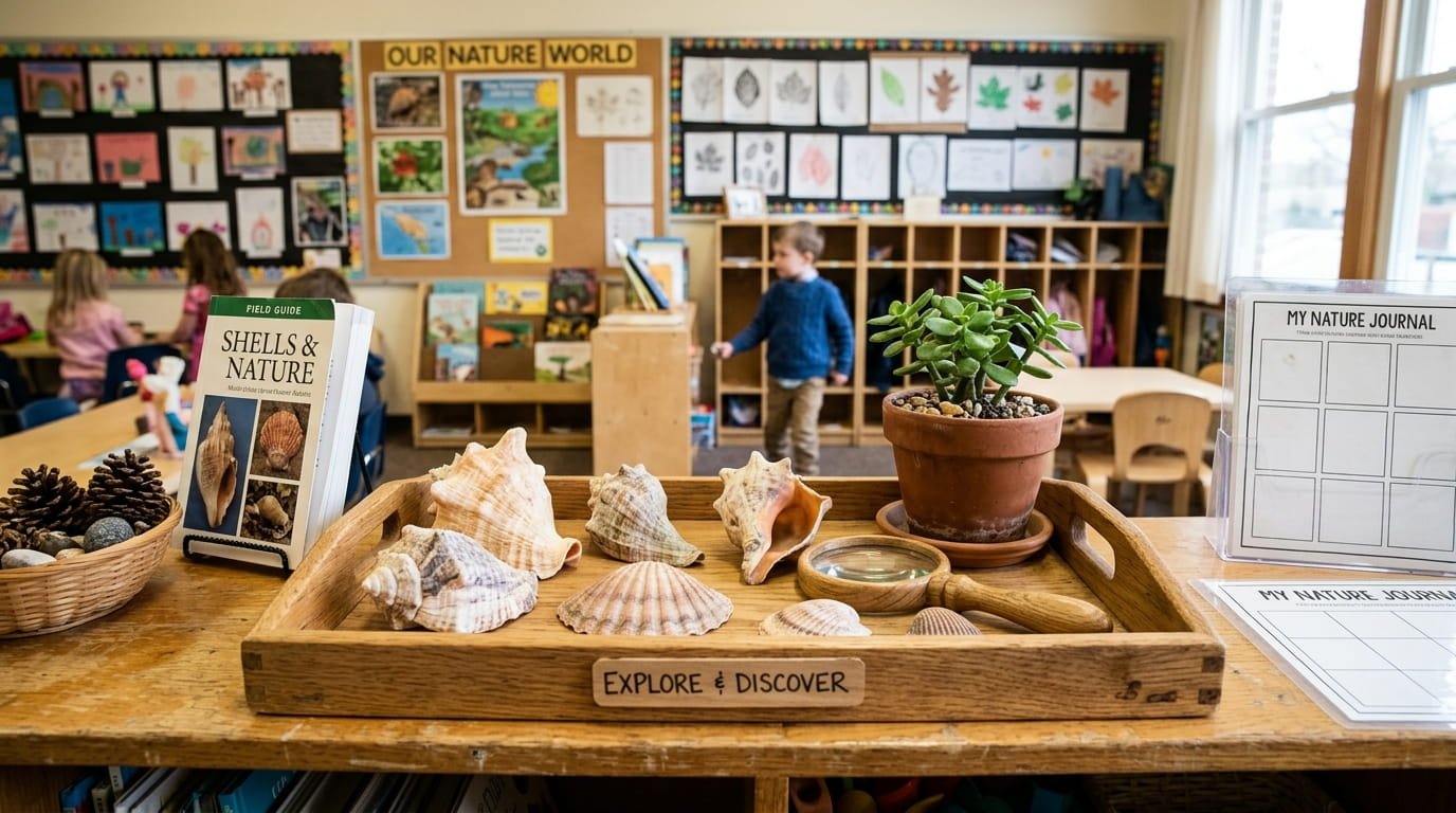 Small nature and discovery corner using vertical wall space