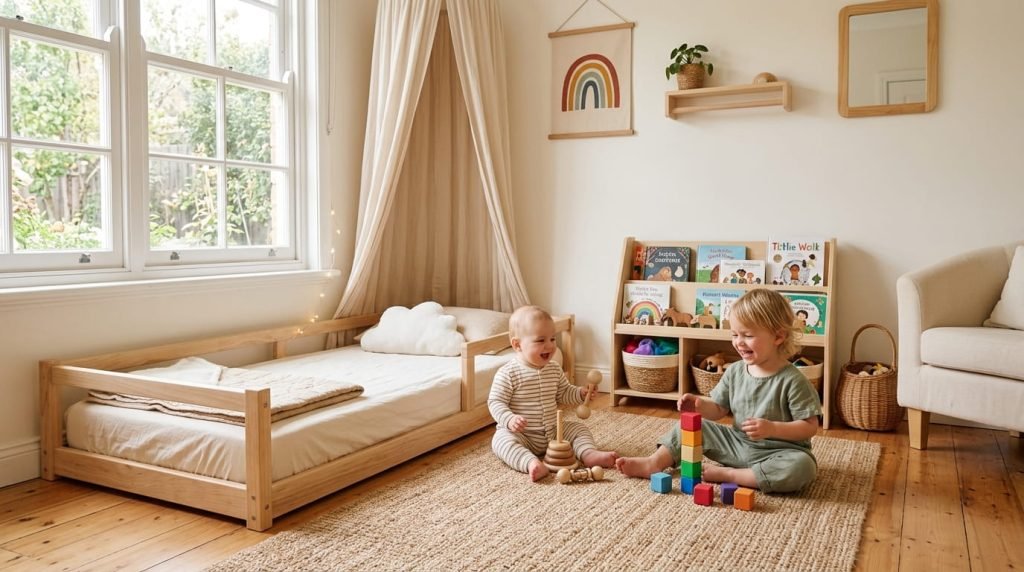 Nursery set up safely for an infant and a toddler sharing a room