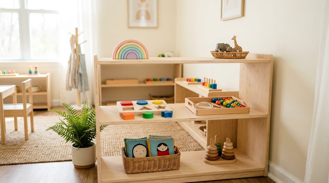 Low open wooden shelf holding a small number of Montessori activities