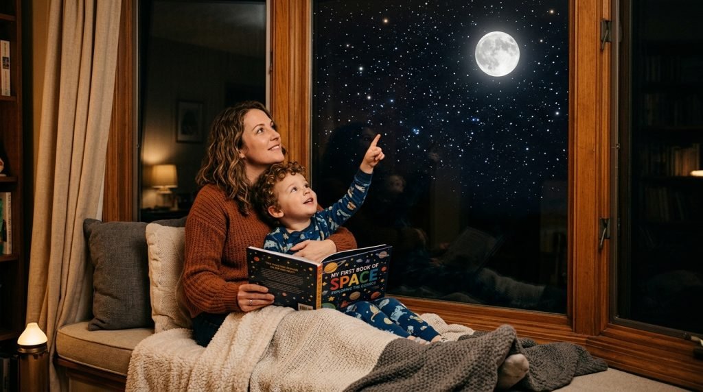 Parent and child reading a chapter book together by a window