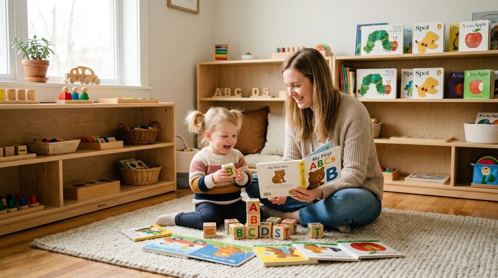 Children's books alongside toy cooking tools.