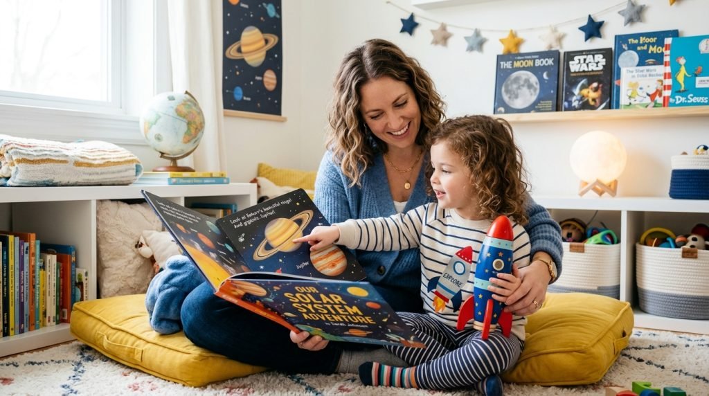 Parent reading a space book with a preschooler and asking questions