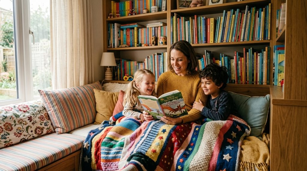 Parent reading a first chapter book aloud to two young children