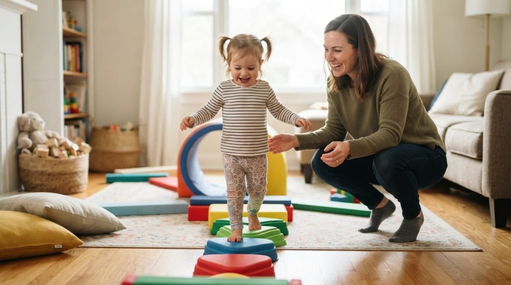Parent supervising a toddler on a balance station