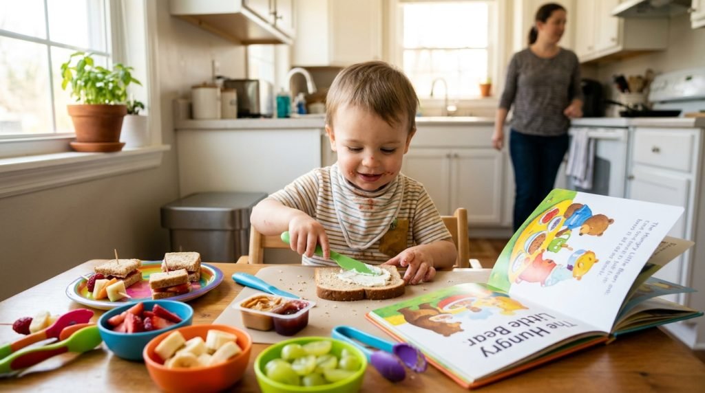 Toddler assembling a fruit plate from a picture recipe card