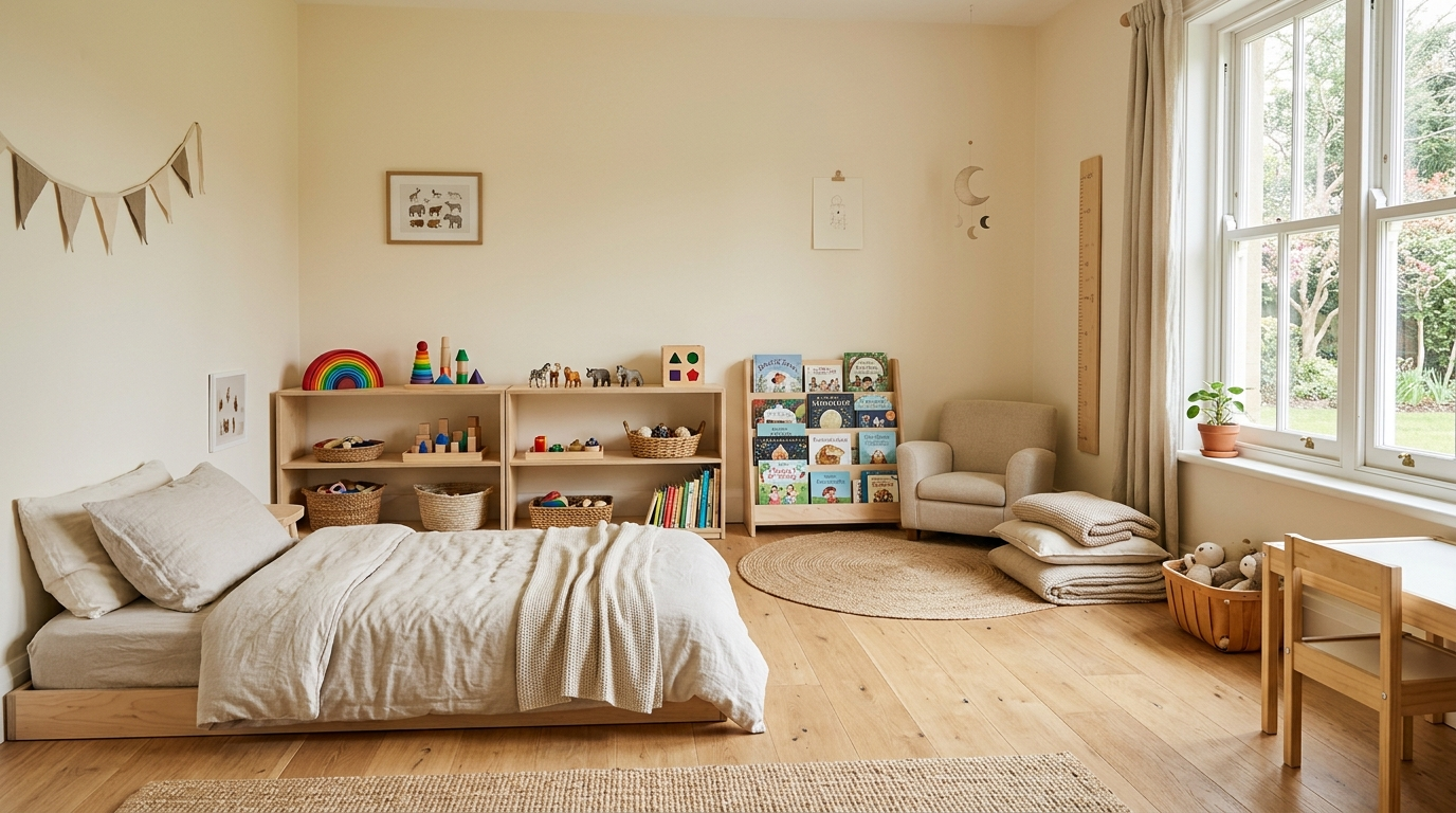 Simple toddler bedroom with a wooden floor bed and very few items out
