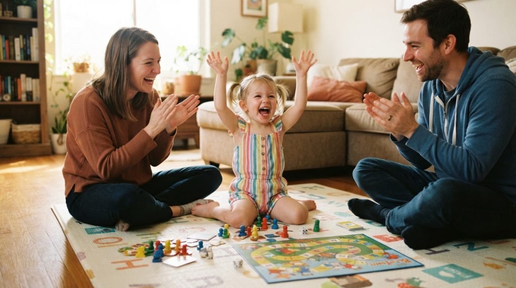Toddler sorting board game pieces by colour instead of playing