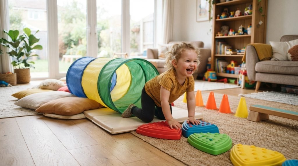Toddler walking along a tape line indoors