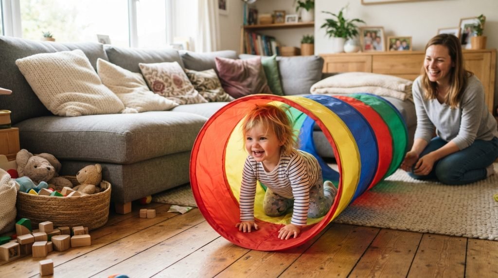 Toddler crawling through a play tunnel