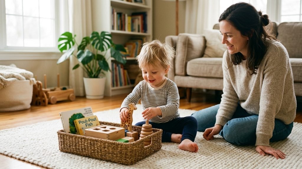 Toddler doing a morning task independently