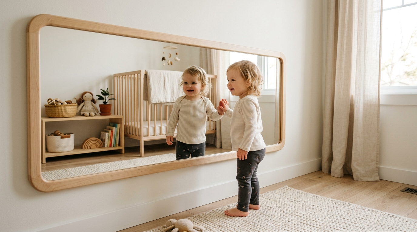 Child height mirror in a Montessori toddler bedroom dressing area