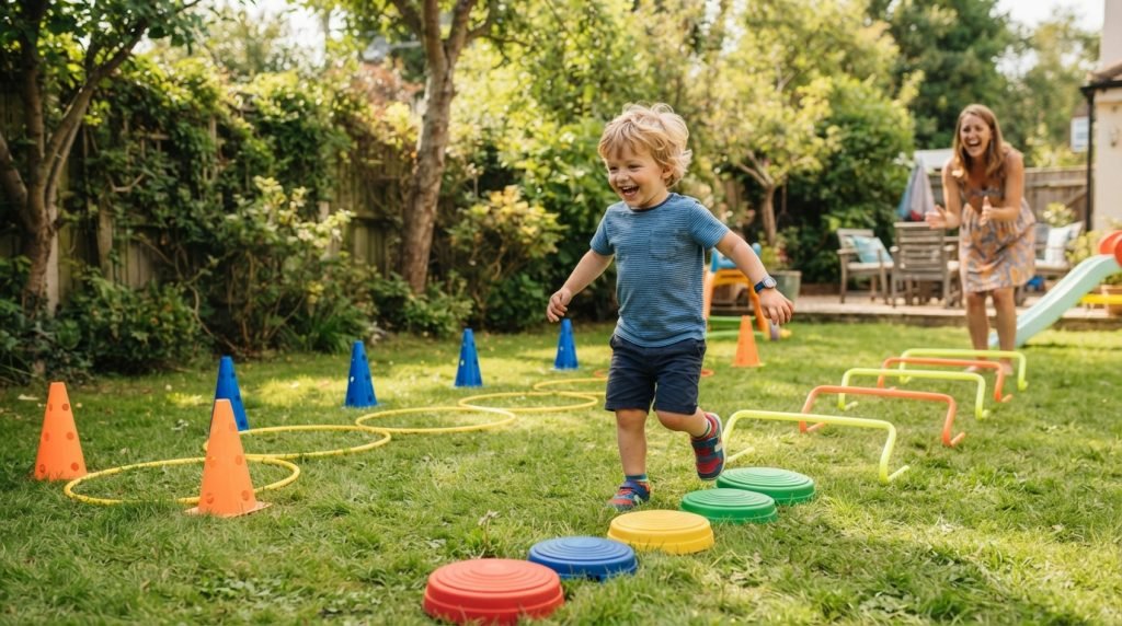 Toddler running an obstacle course in a garden