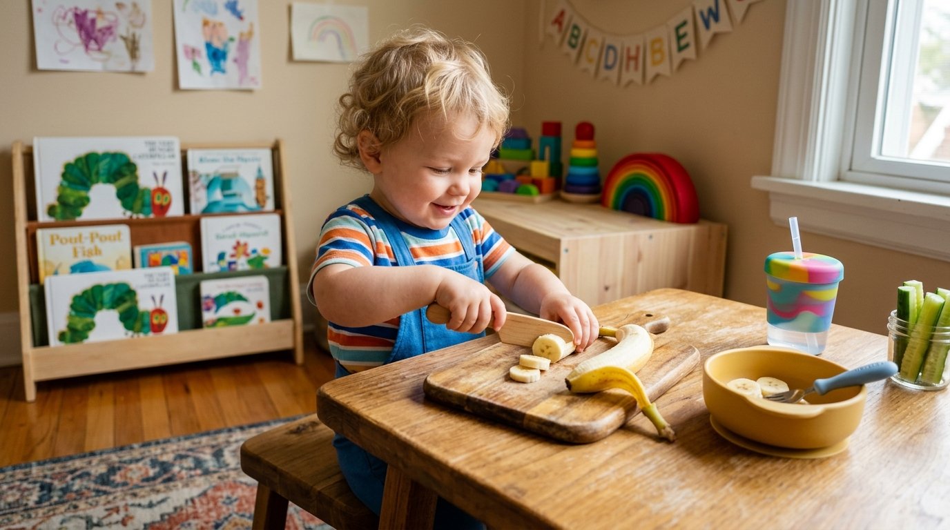 Toddler snack preparation station with tray and prepared fruit