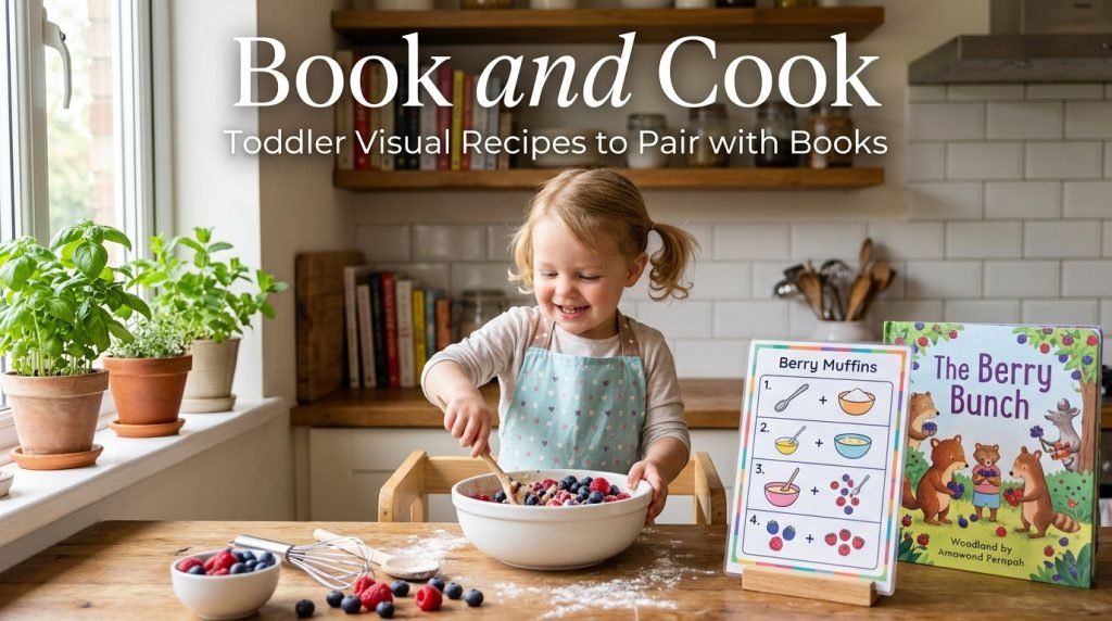 Toddler stirring berries into yoghurt following a visual recipe