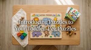 Toddler at a low table completing a beginner wooden safari peg puzzle
