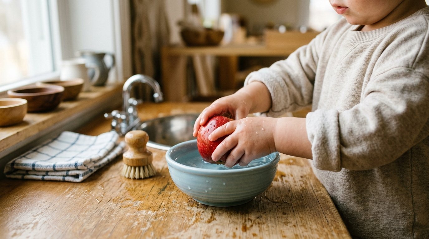 Toddler washing an apple in a Montessori kitchen setup