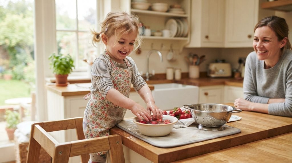 Ingredients pre-measured into small bowls ready for a toddler